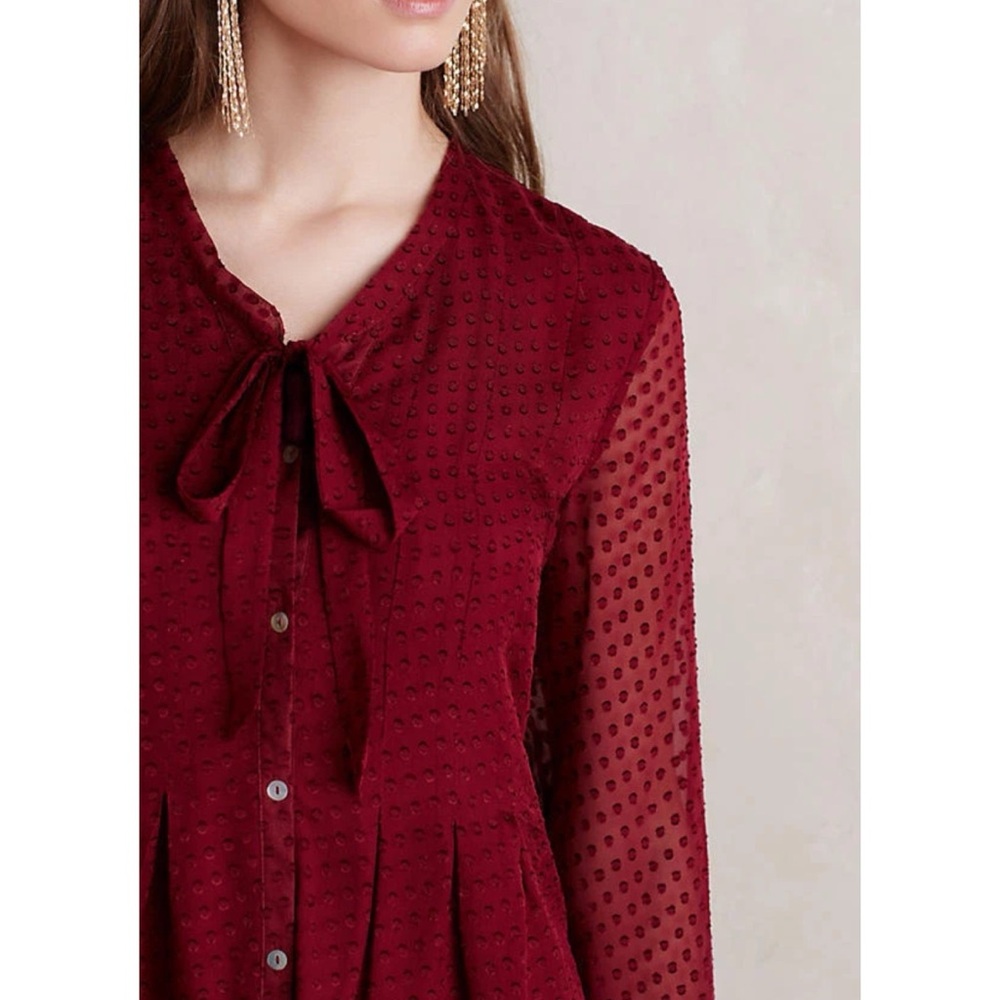 ❤️ Anthropologie x Meadow Rue Raspberry Silk Tie Neck Blouse